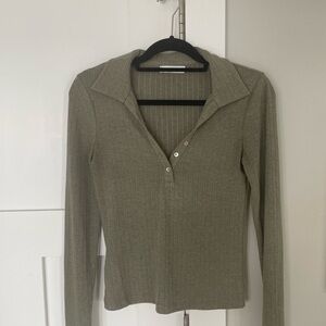 MANGO Women's Ribbed Long Sleeve Polo Top - Olive